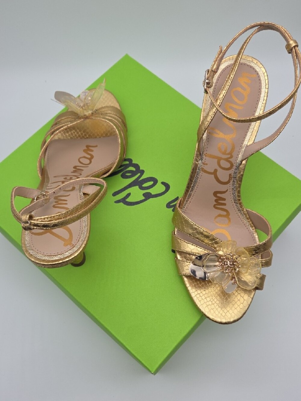 Sam Edelman Gold Metallic Floral Ankle-Strap Heels - Picture 7 of 7